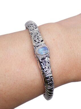 925 Sterling Silver Ornate Moonstone Hinged Cuff Bracelet